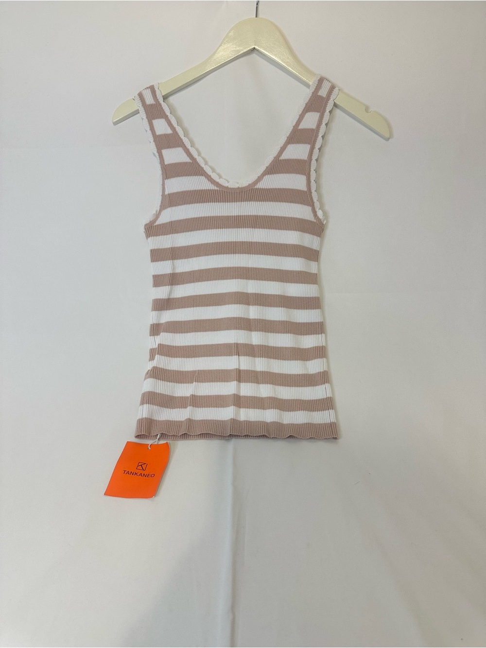 Tankaneo Women’s Khaki/White Striped Rib Knit Ruffle Scoop Neck Tank Top M new
